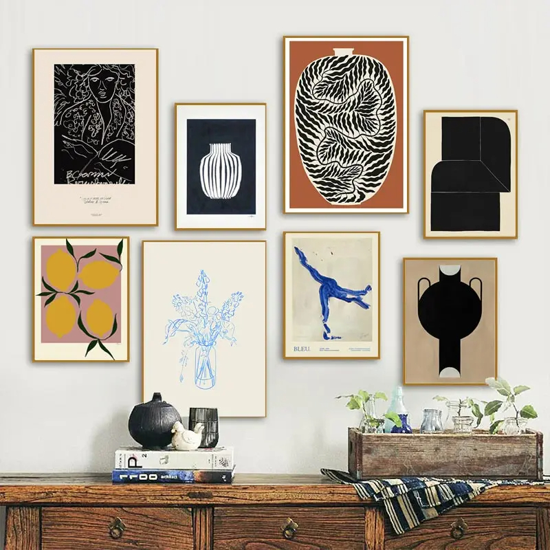 Home Decor Japandi - Abstrakcyjny Minimalizm Cytrynowa Waza Geometryczne Plakaty